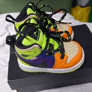 Jordan Kids High-Top Sneakers in Neon Green, Orange & Purple